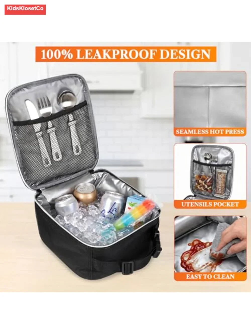 Insulated Lunch Bag with Mesh Pockets, Compact Reusable Lunch Box for School,